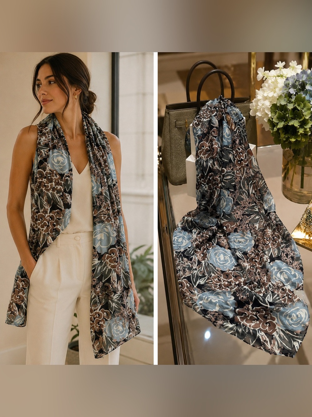 Axcess SILK Floral Satin Scarf in Blue and Brown 17x62